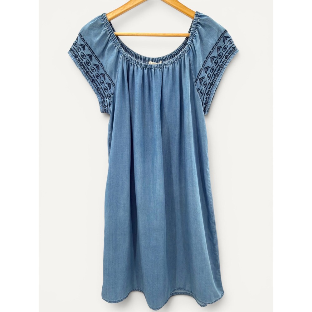 Beachlunchlounge Chambray Dress Large Blue Embroidered Boho Mini Coastal Peasant
